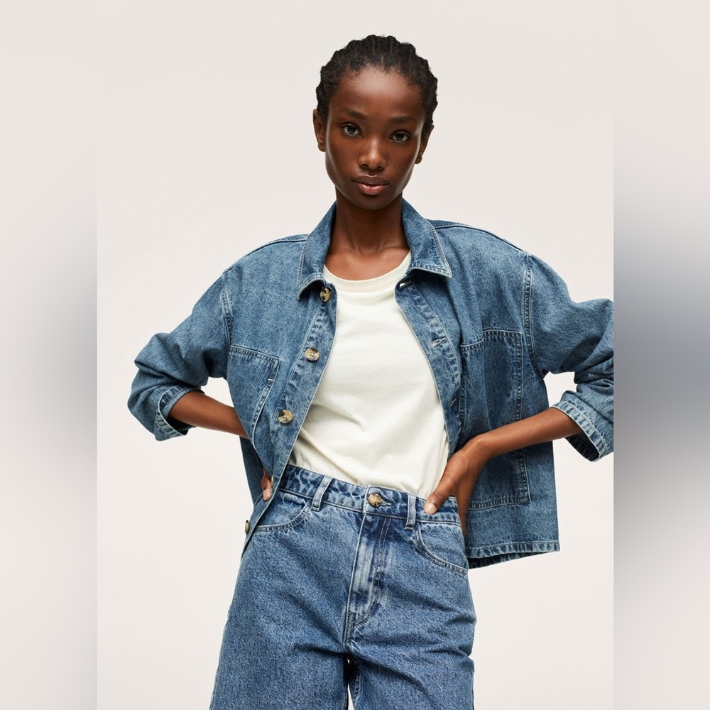 Mango Medium Wash Denim Overshirt, Size 4